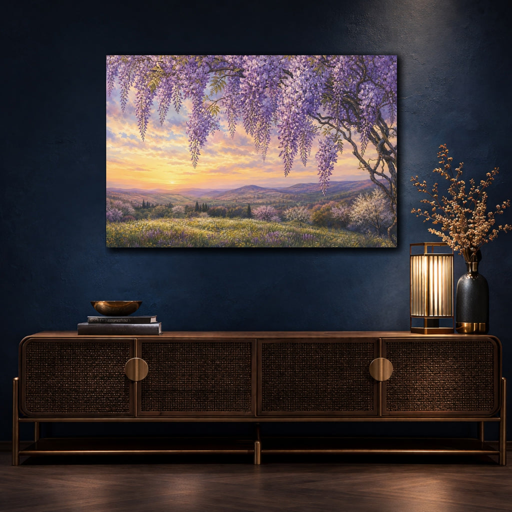 Mockup 4. Noir Botanical Painting Wisteria Vines Above Spring Hillside In Late Afternoon shown as stretched canvas wall art
