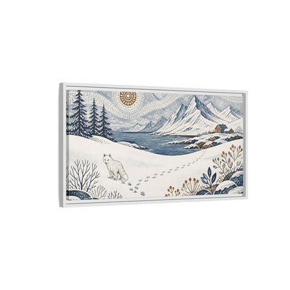 Side Mockup 1. Nordic Arctic Fox Landscape shown as framed canvas print