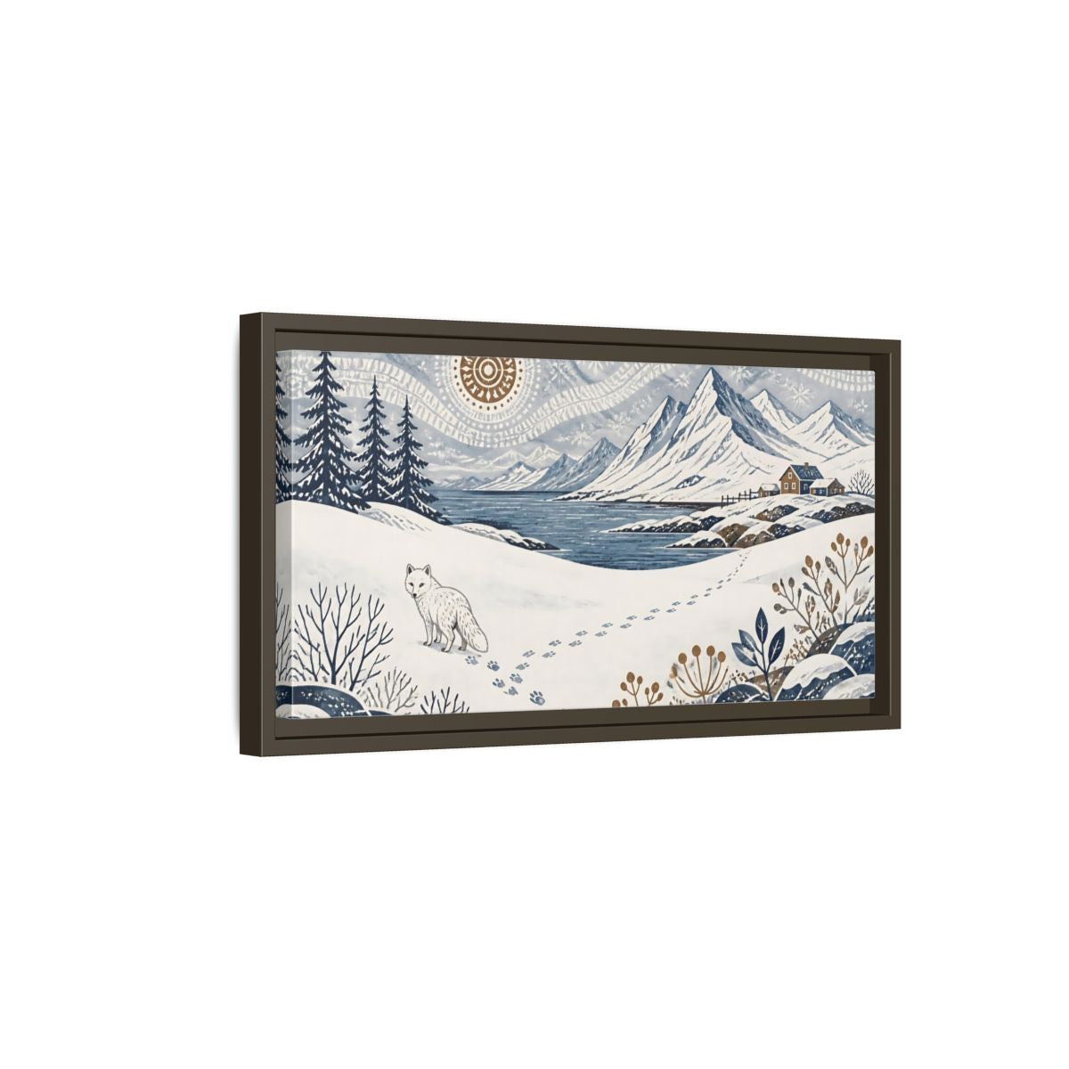 Side Mockup 7. Nordic Arctic Fox Landscape shown as framed canvas print