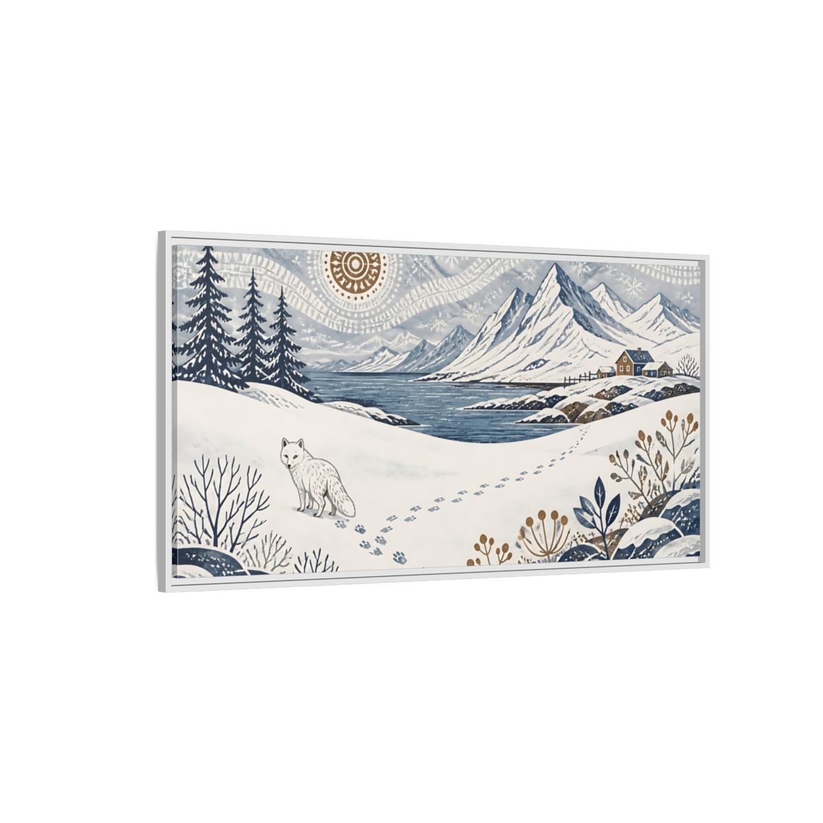 Side Mockup 3. Nordic Arctic Fox Landscape shown as framed canvas print