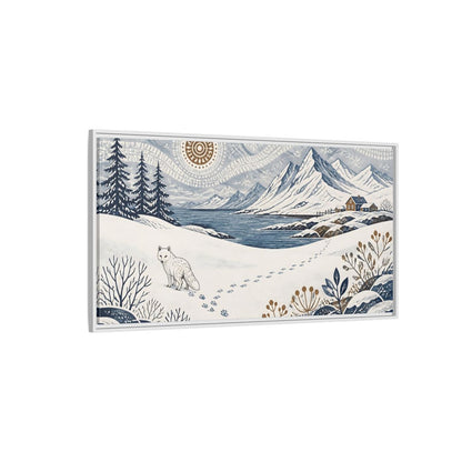 Side Mockup 3. Nordic Arctic Fox Landscape shown as framed canvas print