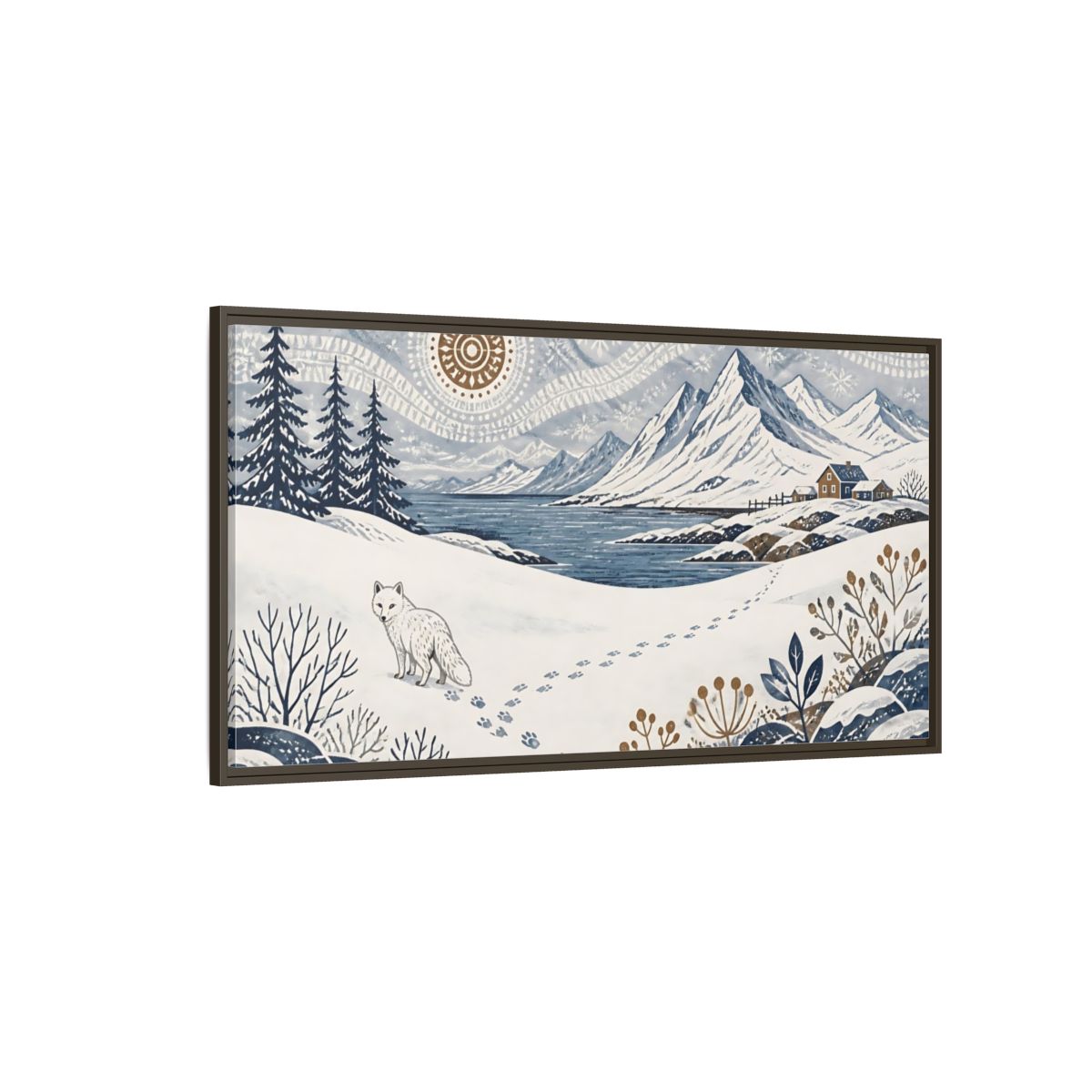 Side Mockup 4. Nordic Arctic Fox Landscape shown as framed canvas print