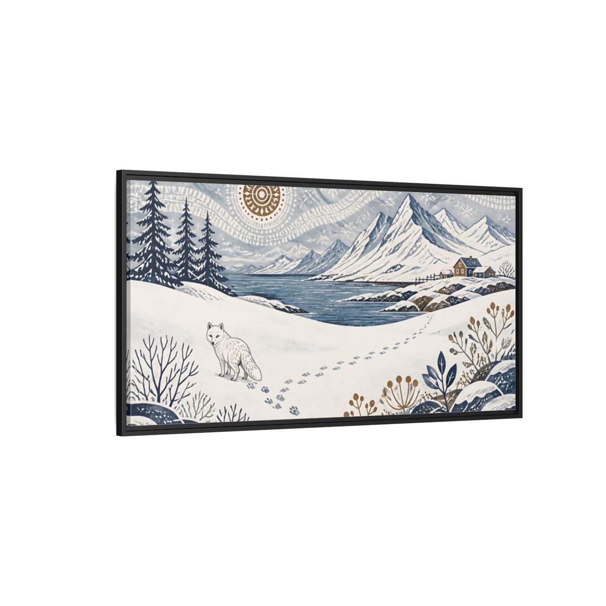 Side Mockup 5. Nordic Arctic Fox Landscape shown as framed canvas print