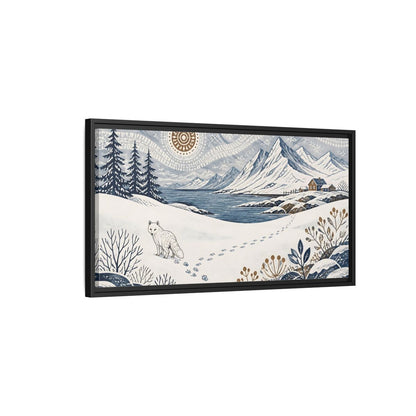 Side Mockup 2. Nordic Arctic Fox Landscape shown as framed canvas print