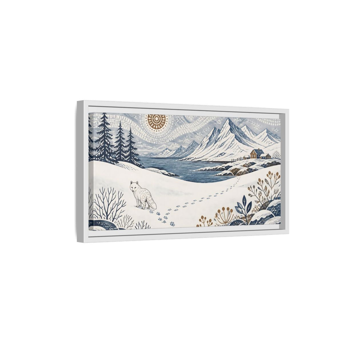 Side Mockup 6. Nordic Arctic Fox Landscape shown as framed canvas print