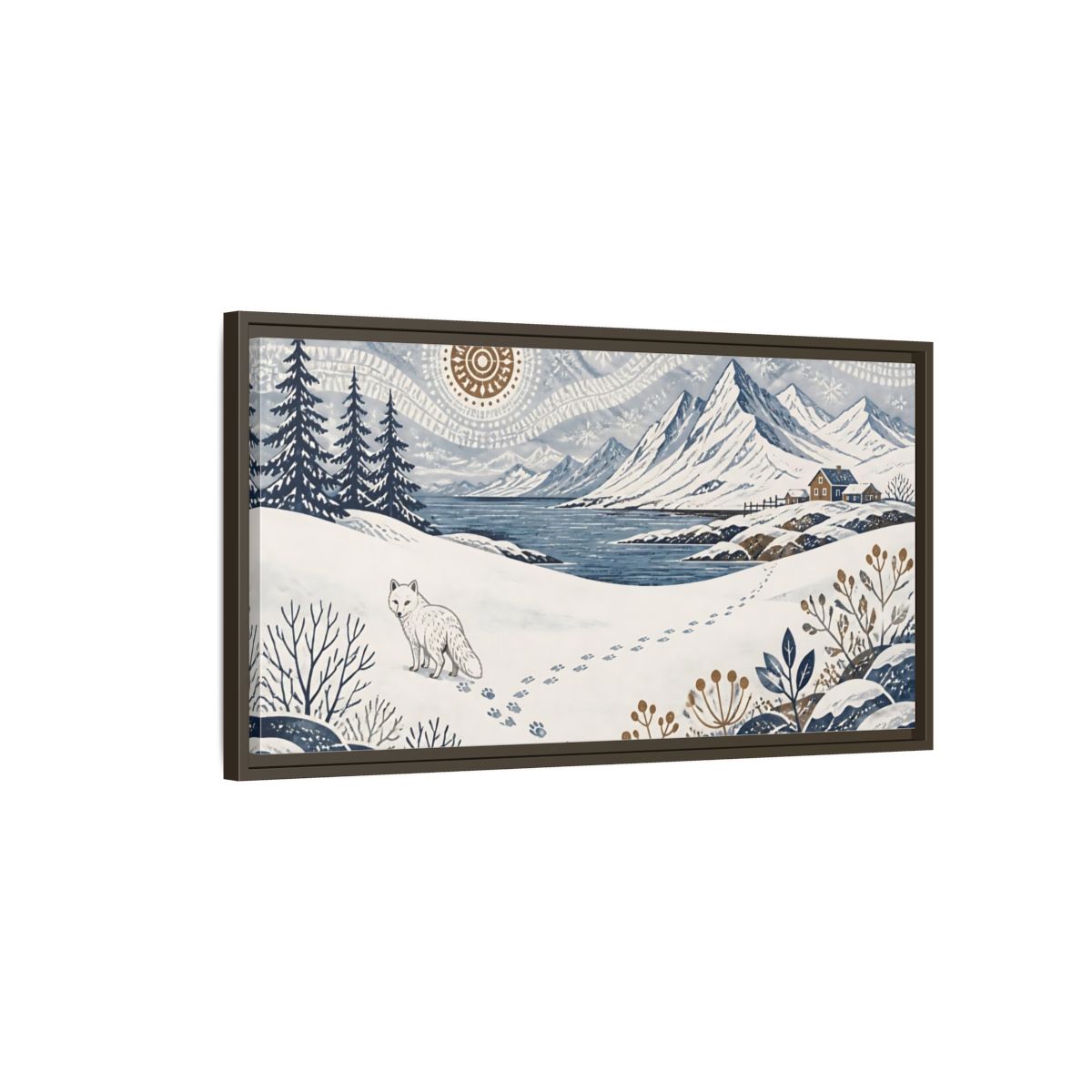 Main Mockup. Nordic Arctic Fox Landscape shown as framed canvas print