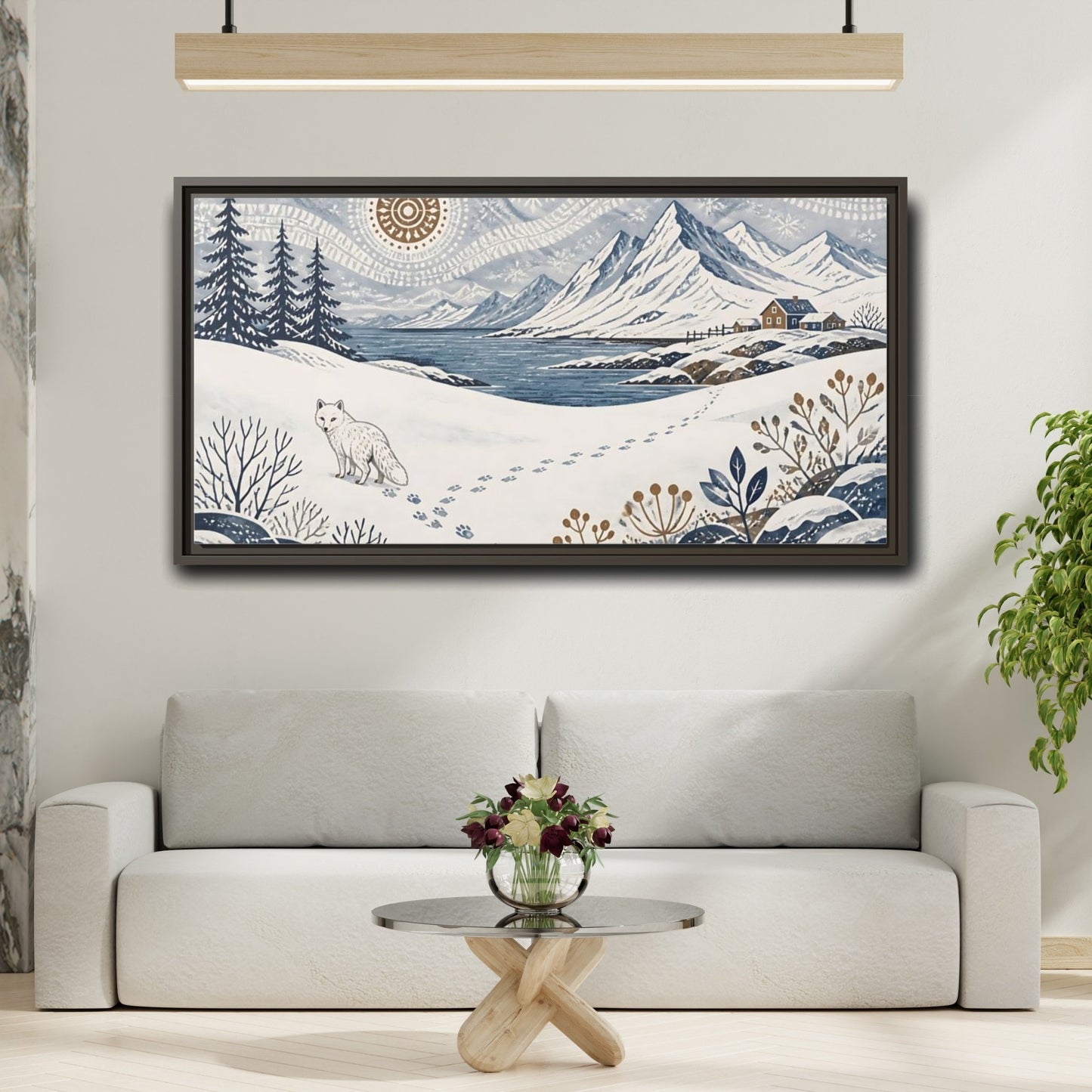 Mockup 2. Nordic Arctic Fox Landscape shown as framed canvas print