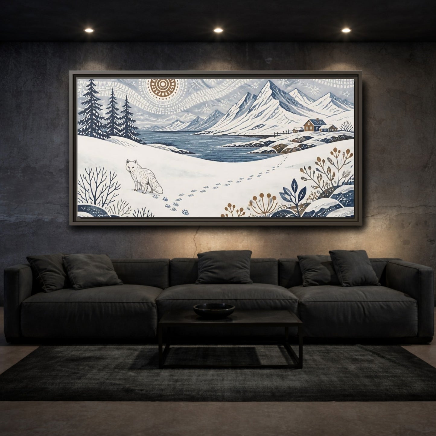 Mockup 3. Nordic Arctic Fox Landscape shown as framed canvas print