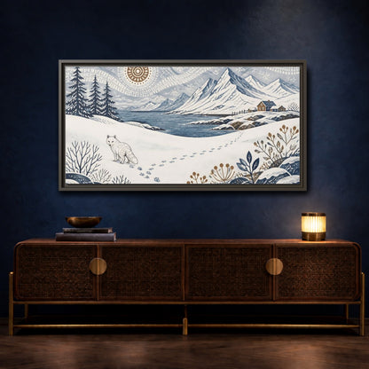 Mockup 4. Nordic Arctic Fox Landscape shown as framed canvas print