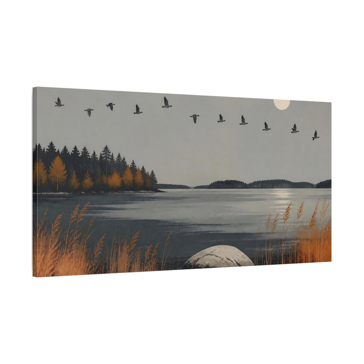 Main Mockup. Nordic Autumn Lake shown as canvas print