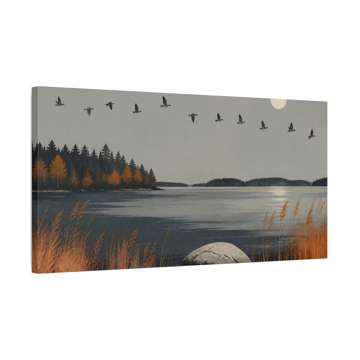 Side Mockup 1. Nordic Autumn Lake shown as canvas print