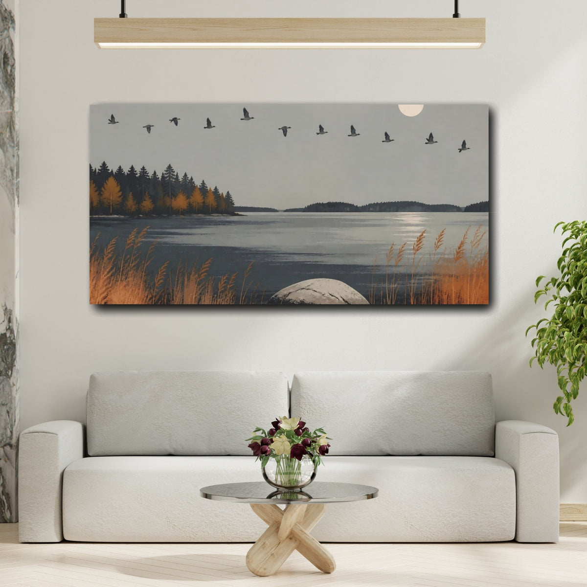 Mockup 2. Nordic Autumn Lake shown as canvas print