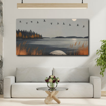 Mockup 2. Nordic Autumn Lake shown as canvas print