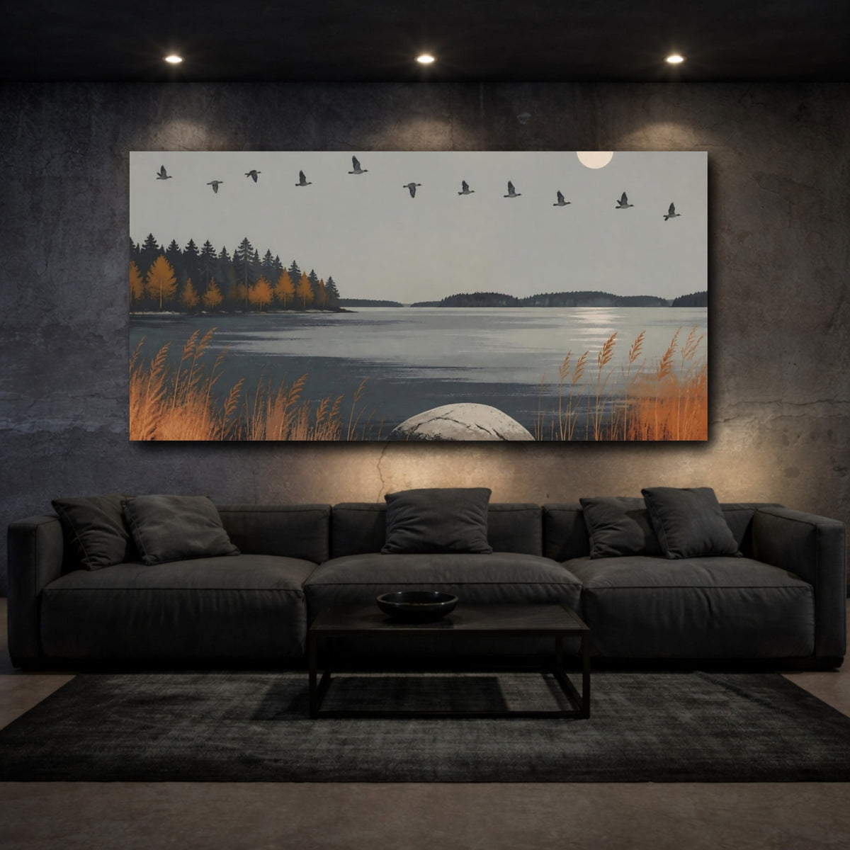 Mockup 3. Nordic Autumn Lake shown as canvas print