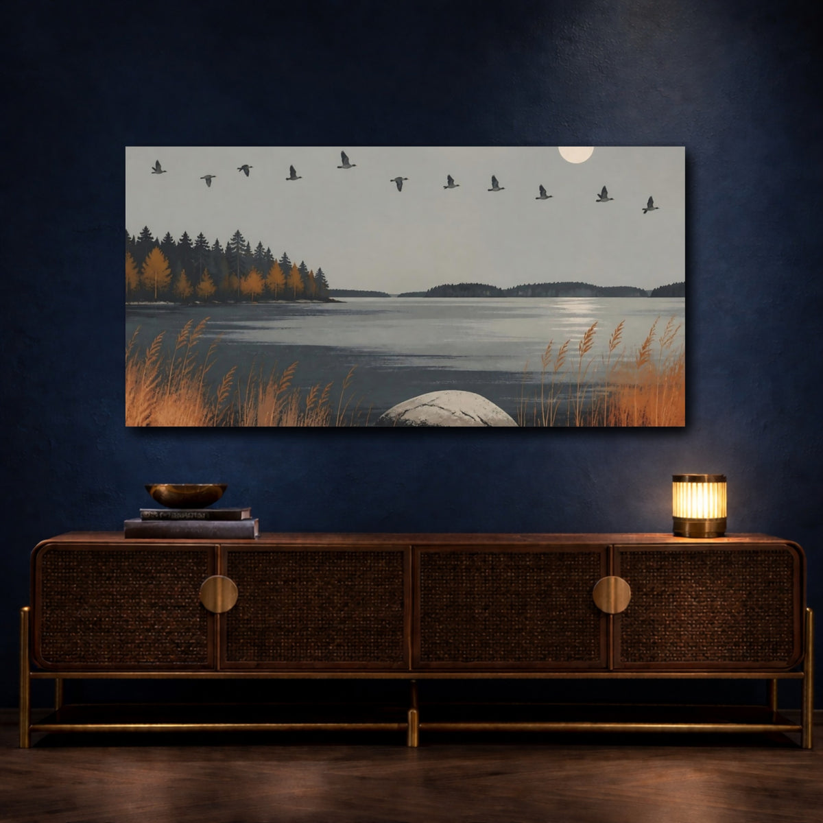 Mockup 4. Nordic Autumn Lake shown as canvas print
