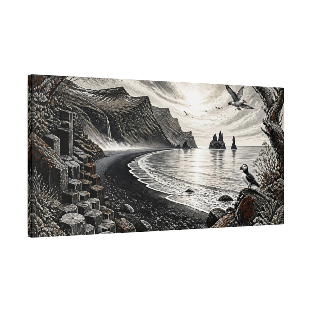 Main Mockup. Nordic Basalt Coastline shown as canvas print