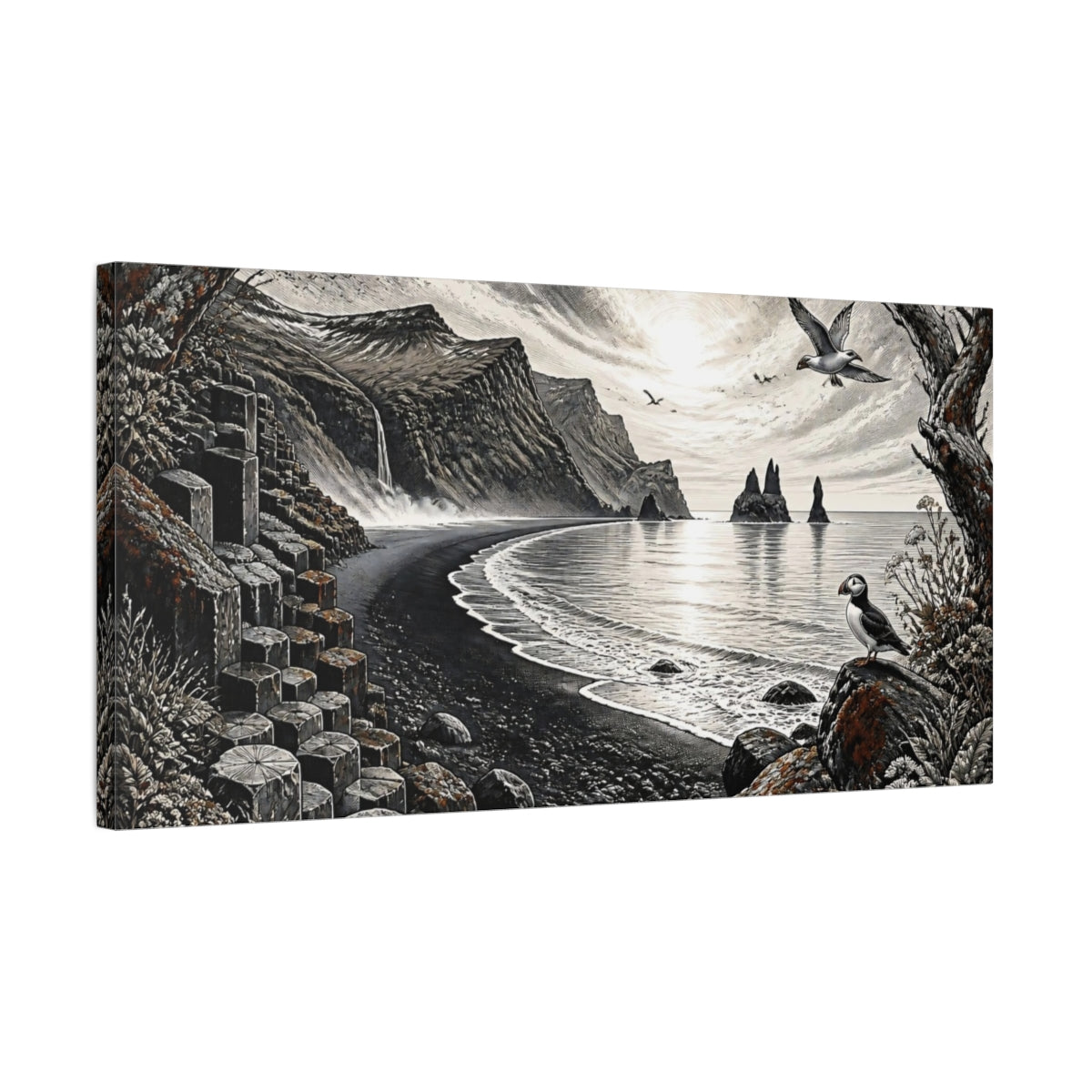 Side Mockup 1. Nordic Basalt Coastline shown as canvas print