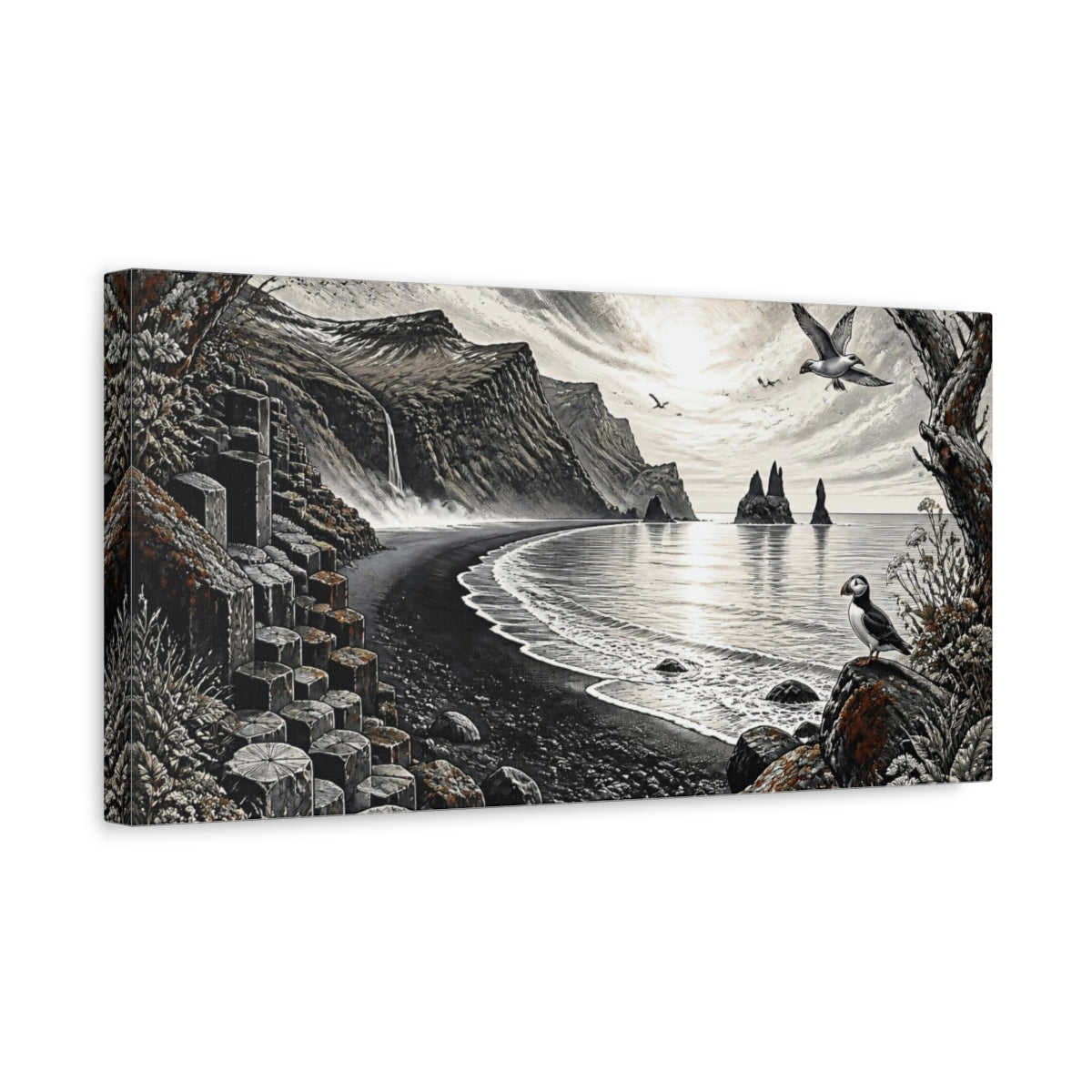 Side Mockup 3. Nordic Basalt Coastline shown as canvas print