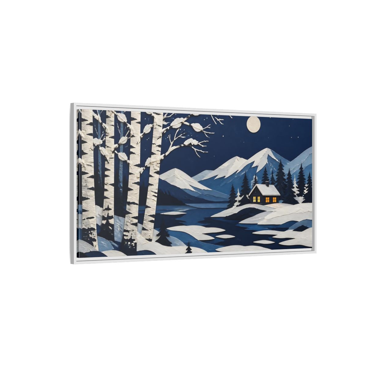 Side Mockup 3. Nordic Birch Cabin Night shown as framed canvas print