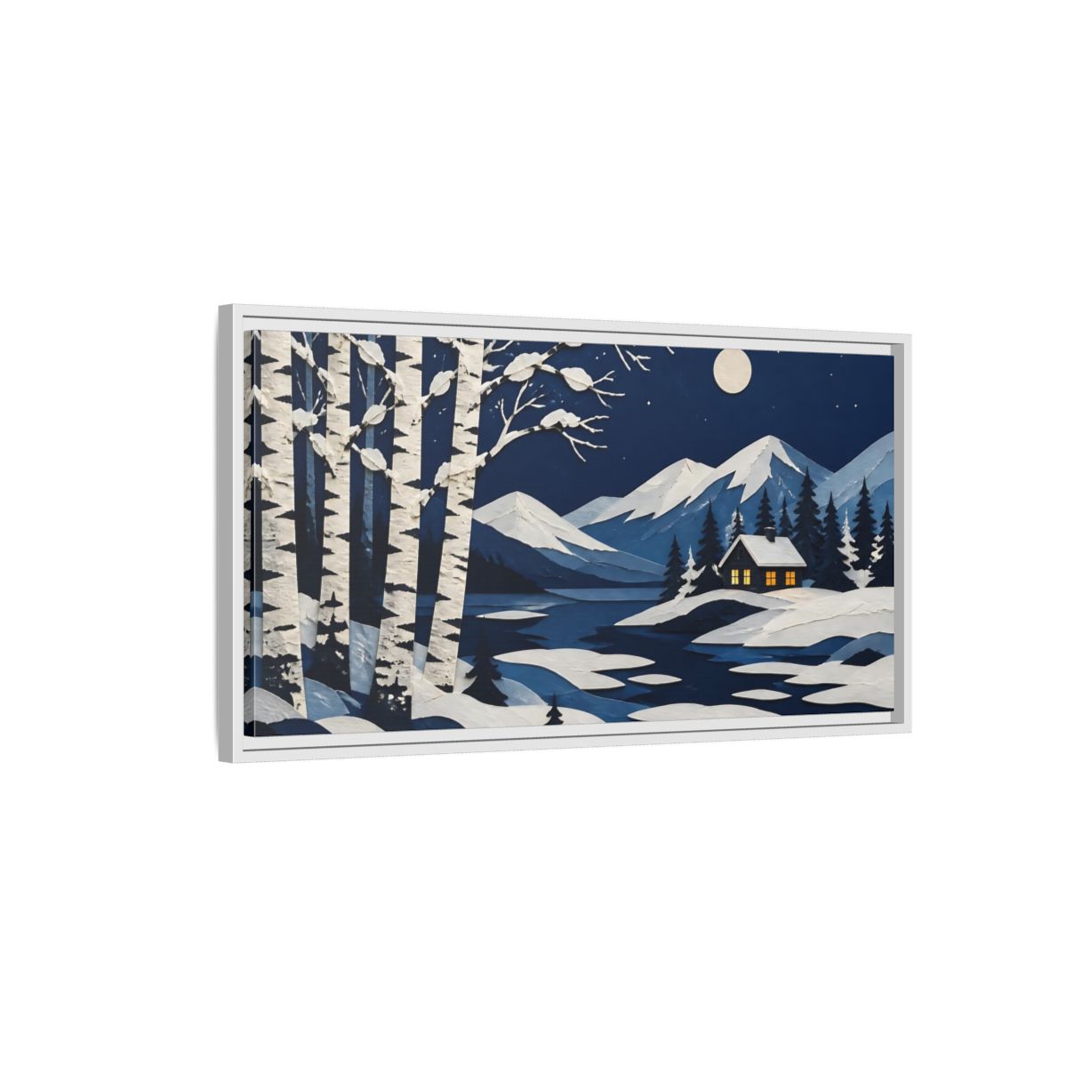 Side Mockup 1. Nordic Birch Cabin Night shown as framed canvas print