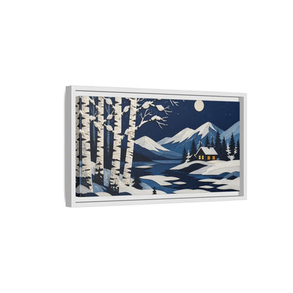 Side Mockup 6. Nordic Birch Cabin Night shown as framed canvas print