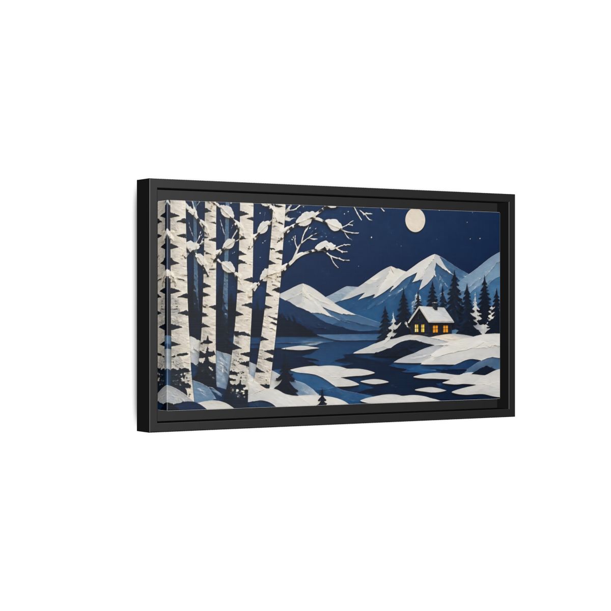 Side Mockup 8. Nordic Birch Cabin Night shown as framed canvas print