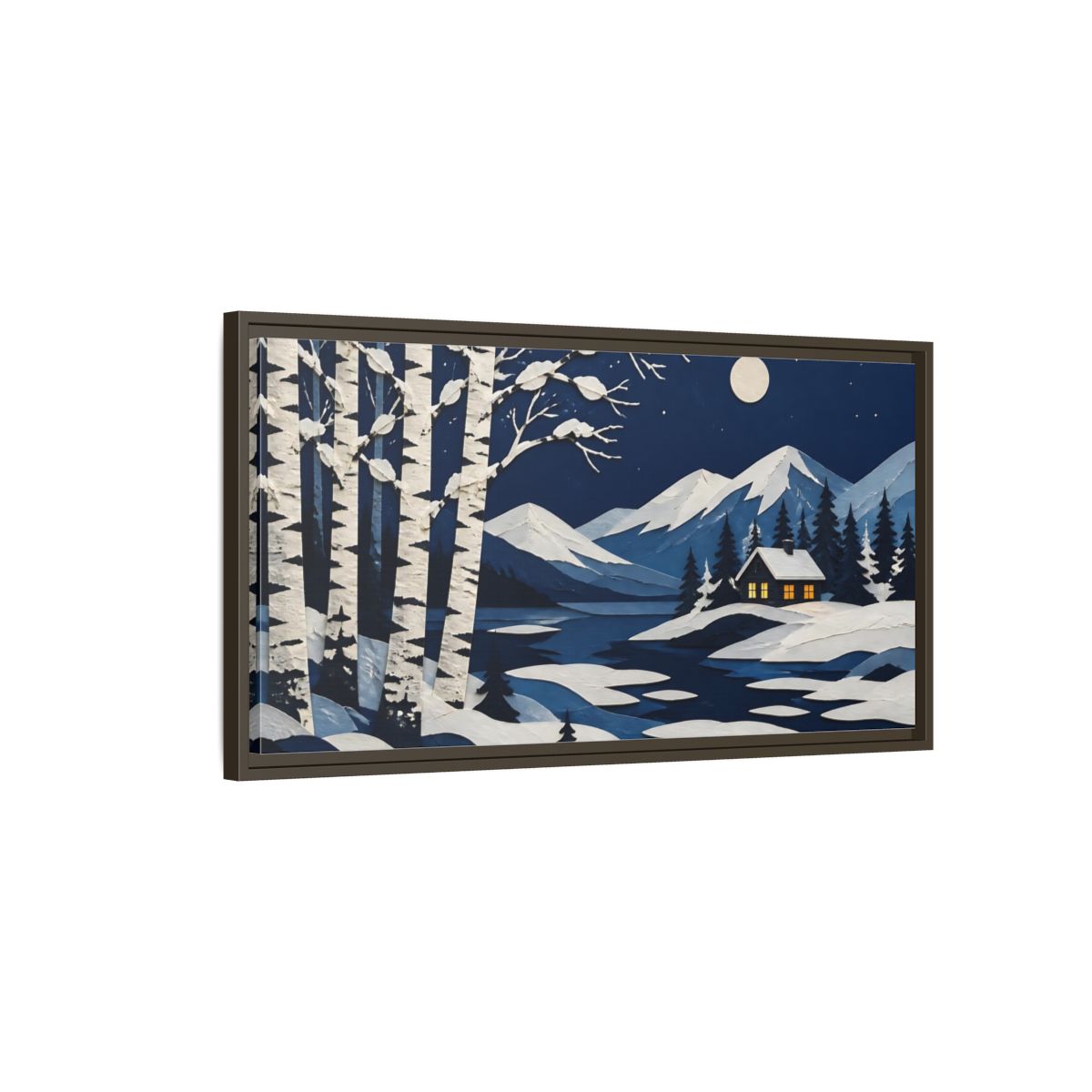 Main Mockup. Nordic Birch Cabin Night shown as framed canvas print