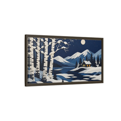 Main Mockup. Nordic Birch Cabin Night shown as framed canvas print