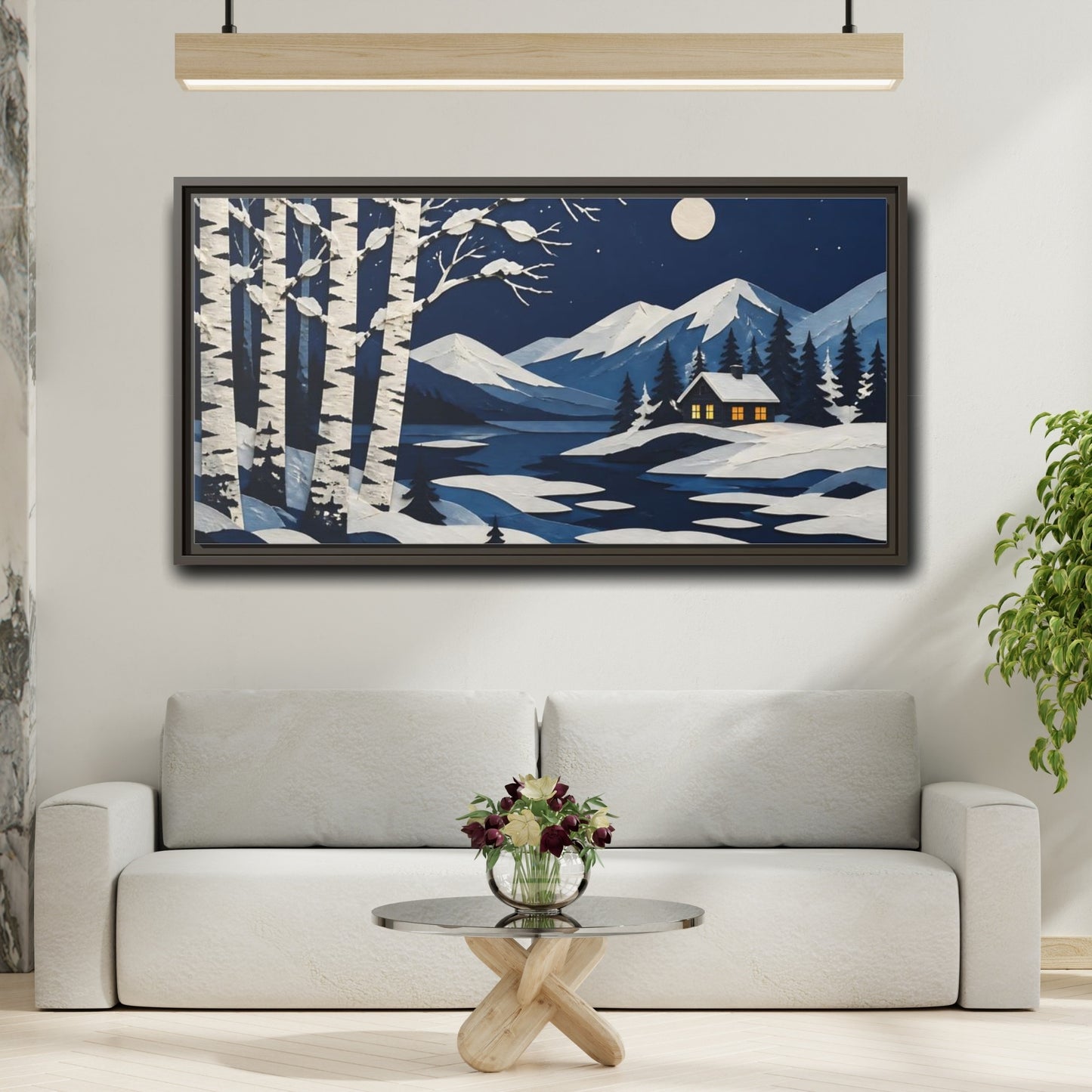 Mockup 2. Nordic Birch Cabin Night shown as framed canvas print