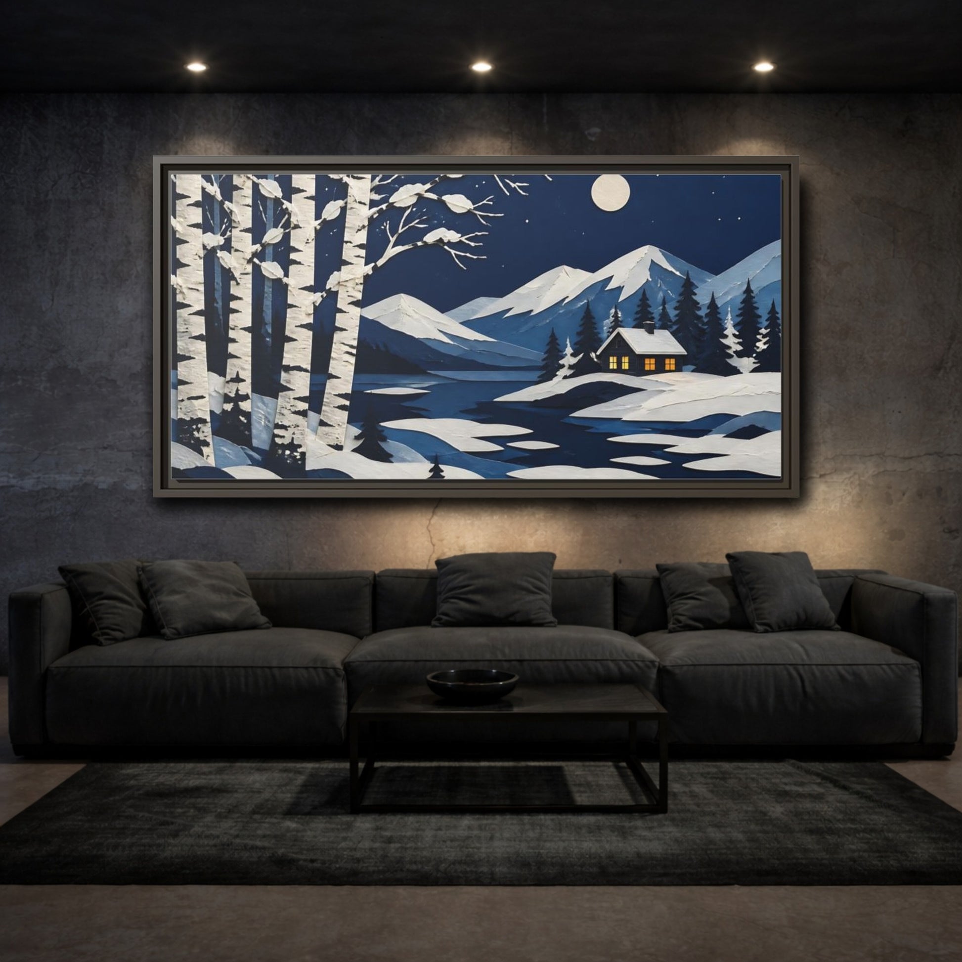 Mockup 3. Nordic Birch Cabin Night shown as framed canvas print