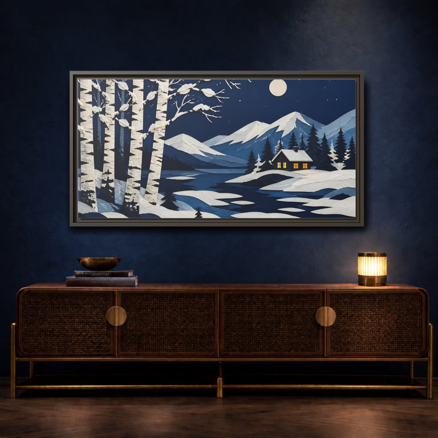 Mockup 4. Nordic Birch Cabin Night shown as framed canvas print