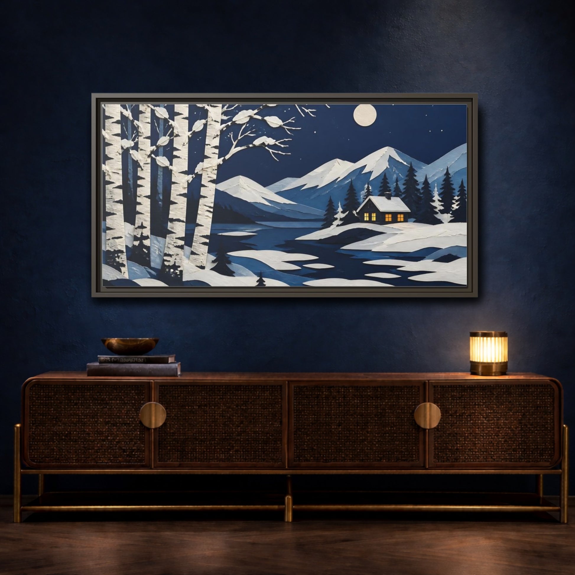 Mockup 4. Nordic Birch Cabin Night shown as framed canvas print