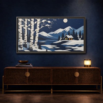 Mockup 4. Nordic Birch Cabin Night shown as framed canvas print
