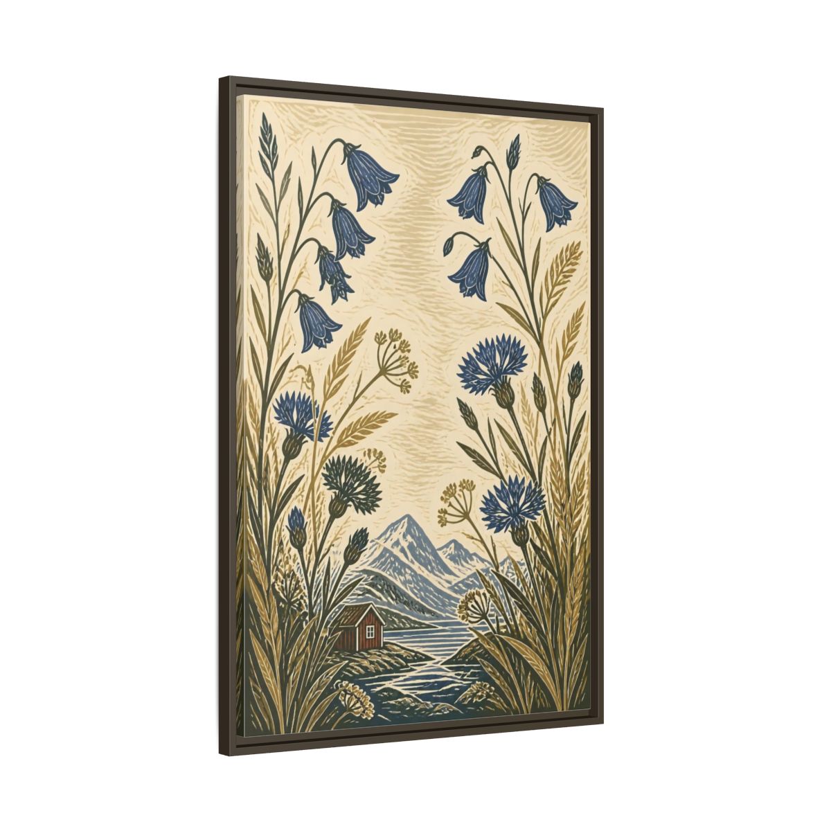 Main Mockup. Nordic Harebells & Fjord Cabin shown as framed canvas print