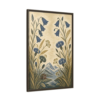 Main Mockup. Nordic Harebells & Fjord Cabin shown as framed canvas print