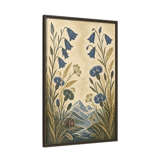 Main Mockup. Nordic Harebells & Fjord Cabin shown as framed canvas print