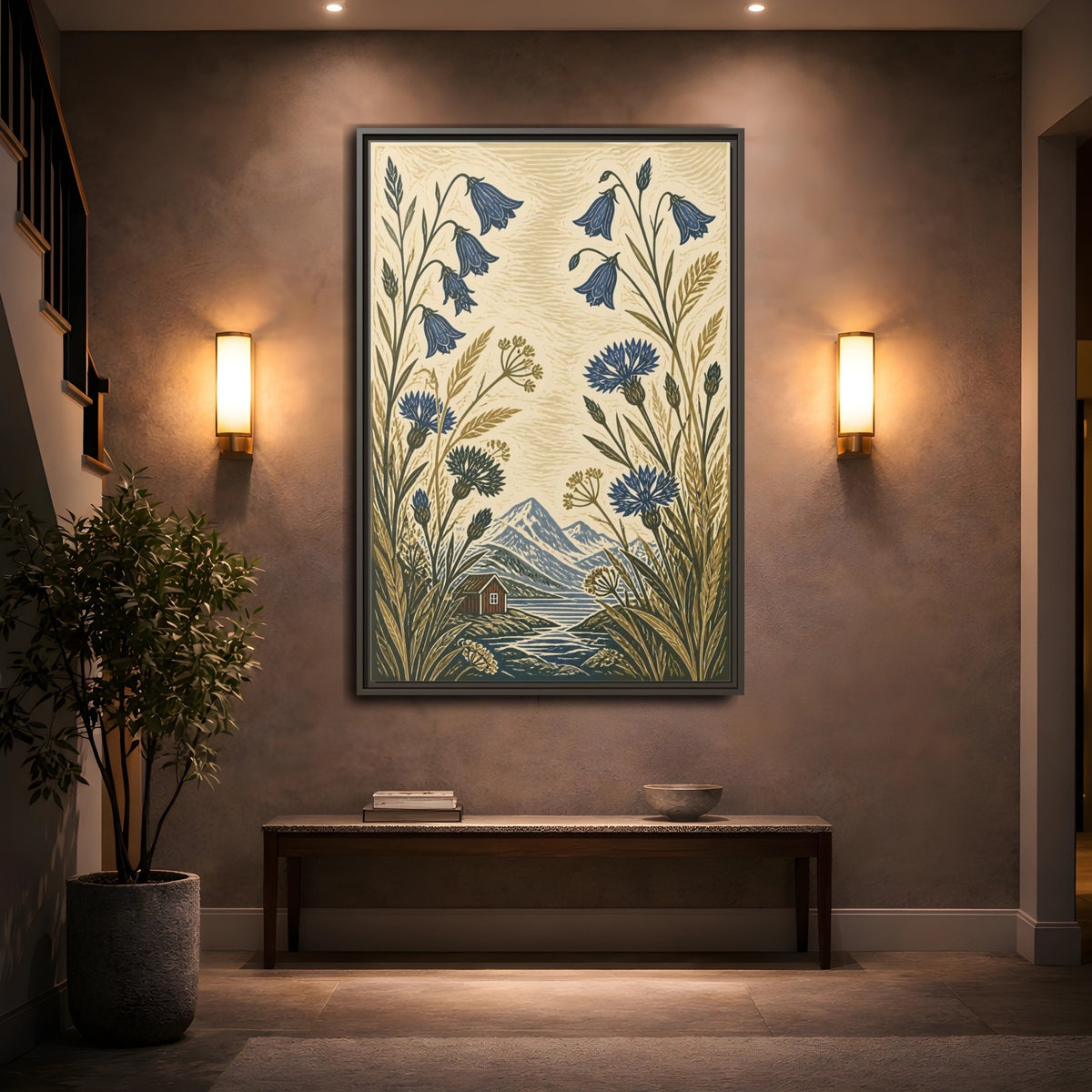 Mockup 2. Nordic Harebells & Fjord Cabin shown as framed canvas print