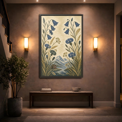 Mockup 2. Nordic Harebells & Fjord Cabin shown as framed canvas print