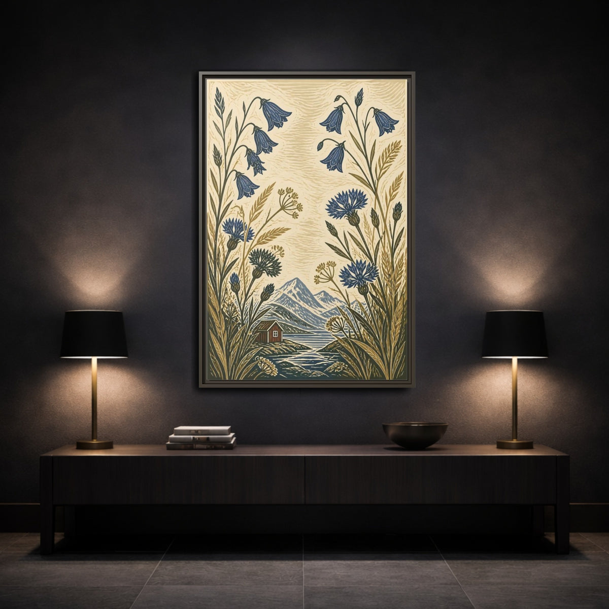 Mockup 3. Nordic Harebells & Fjord Cabin shown as framed canvas print