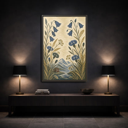 Mockup 3. Nordic Harebells & Fjord Cabin shown as framed canvas print