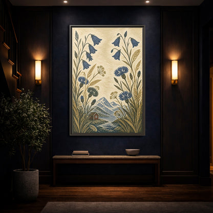 Mockup 4. Nordic Harebells & Fjord Cabin shown as framed canvas print