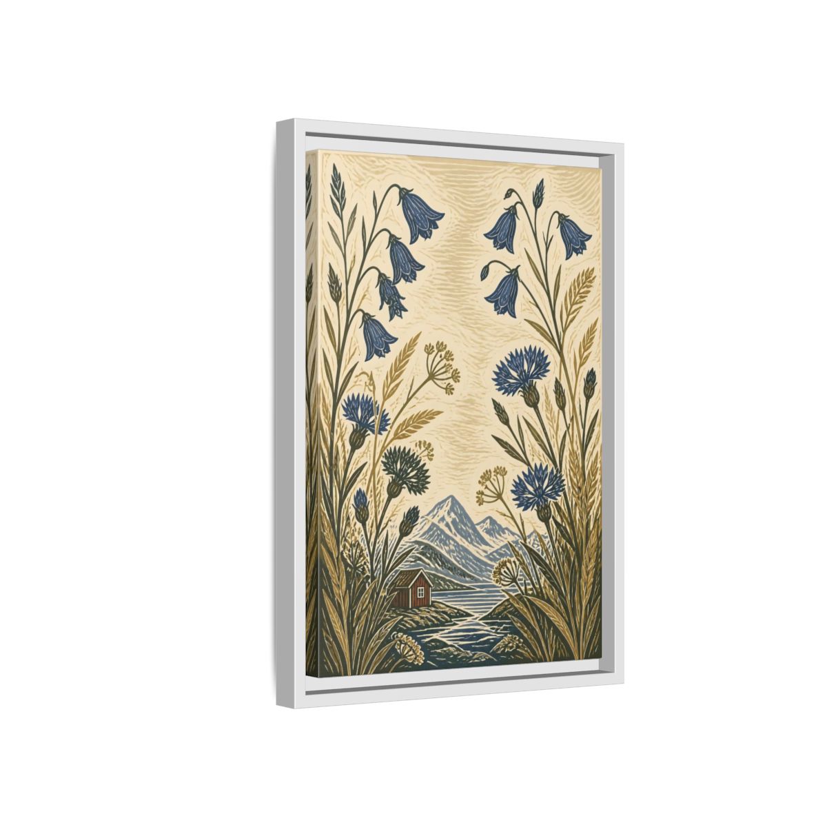 Side Mockup 4. Nordic Harebells & Fjord Cabin shown as framed canvas print