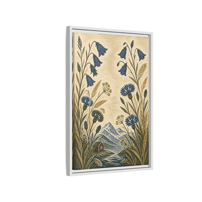 Side Mockup 1. Nordic Harebells & Fjord Cabin shown as framed canvas print