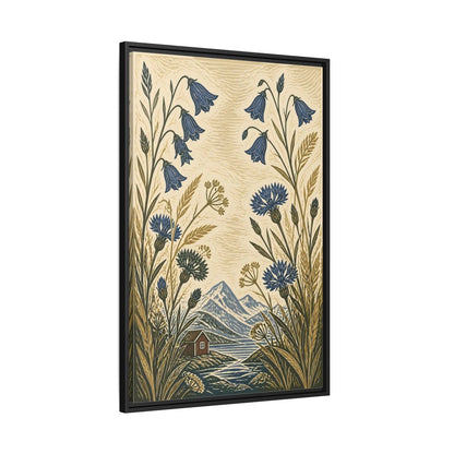 Side Mockup 13. Nordic Harebells & Fjord Cabin shown as framed canvas print