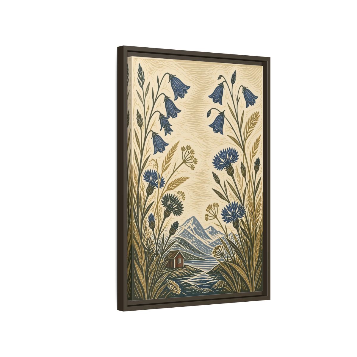 Side Mockup 2. Nordic Harebells & Fjord Cabin shown as framed canvas print