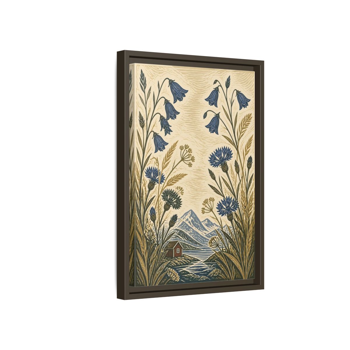 Side Mockup 5. Nordic Harebells & Fjord Cabin shown as framed canvas print