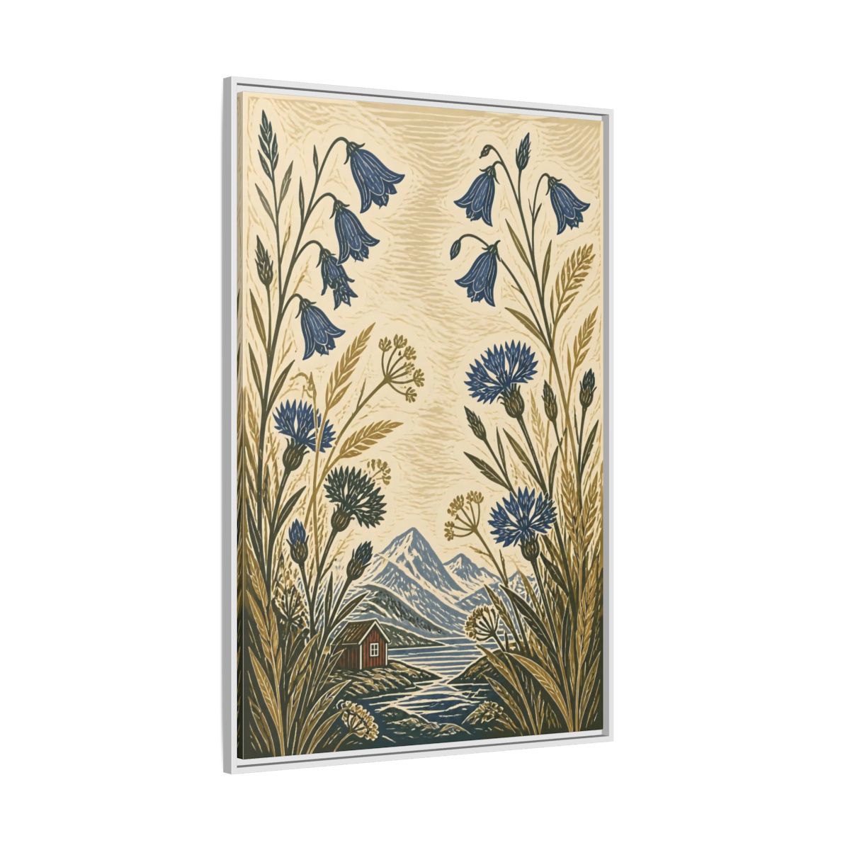 Side Mockup 7. Nordic Harebells & Fjord Cabin shown as framed canvas print
