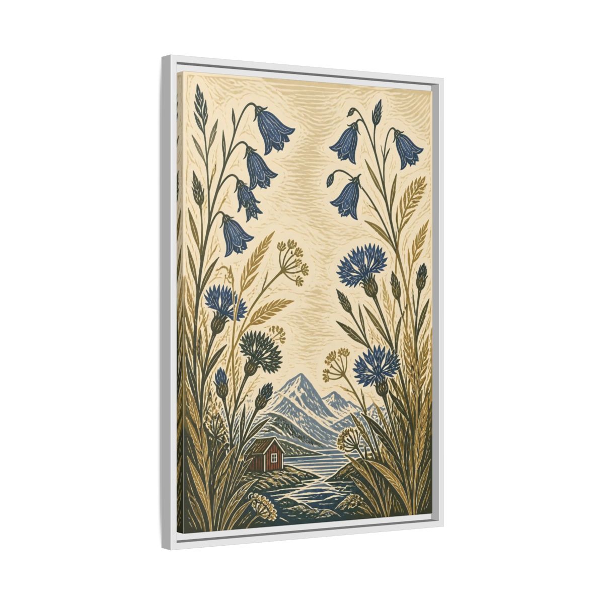 Side Mockup 10. Nordic Harebells & Fjord Cabin shown as framed canvas print