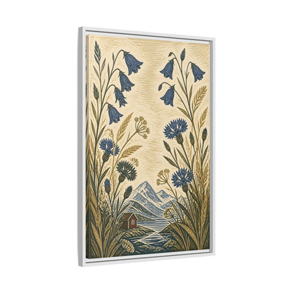 Side Mockup 10. Nordic Harebells & Fjord Cabin shown as framed canvas print