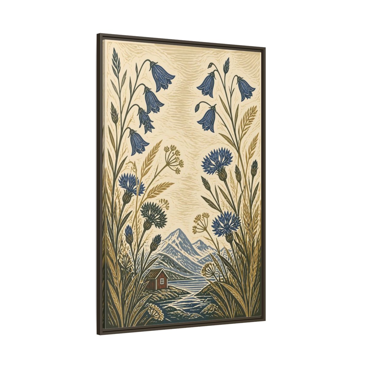 Side Mockup 8. Nordic Harebells & Fjord Cabin shown as framed canvas print